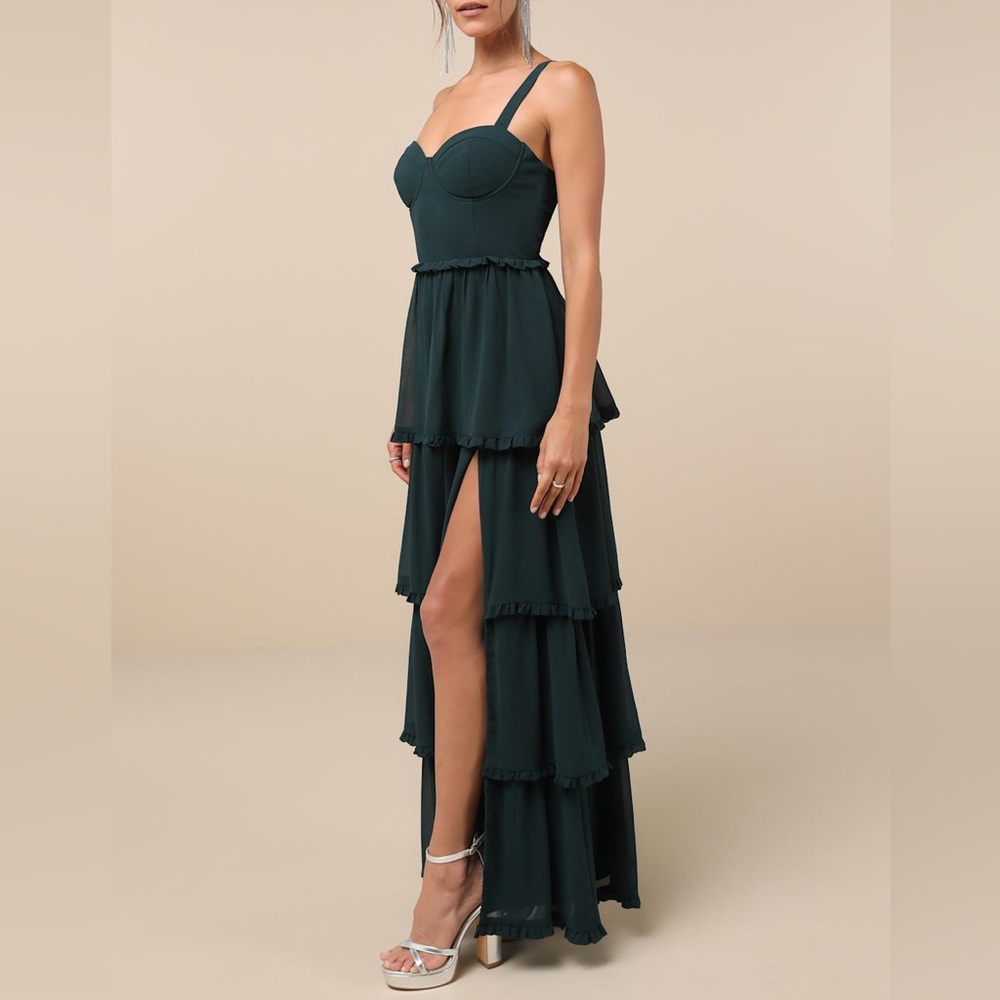 Lulus Bustier Lace Up Tiered Maxi Dress XL Green Side Slit Prom Formal Wedding